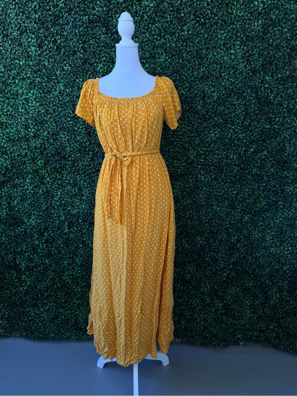 Mustard Yellow Polka Dot Maxi Dress with Tie Waist